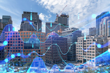 Cityscape with futuristic hologram overlays of graphs and digital connections, set against a blue...