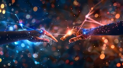 Hands touching science and network connection and data exchanges on glitter bright lights colorful background - obrazy, fototapety, plakaty