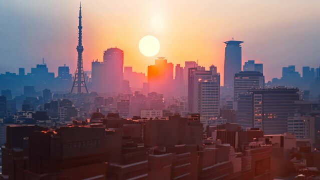Tokyo city skyline at sunset, Japan. 3D rendering, Tokyo city at sunset, AI Generated