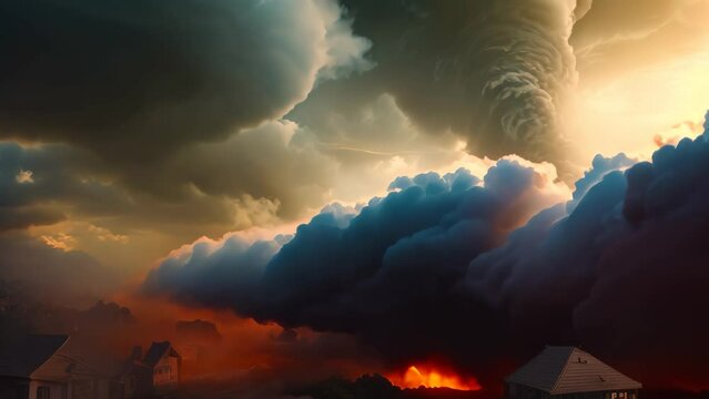 Conceptual image of a natural disaster with a tornado in the sky, Tornado disaster concept, AI Generated