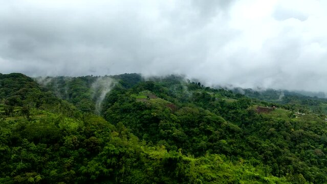 Hyperlapse timelapse of low clouds moving over Bali lush jungle and mountains, Indonesia. Aerial forward and sky for copy space