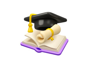 University learning vector 3d icon. Graduation hat with diploma scroll and opened book, higher education promotion concept. Study online, certified course