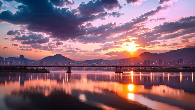 Beautiful sunset in Hong Kong, China. Long exposure shot, Twilight sunset at han river seoul korea, AI Generated
