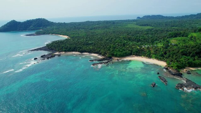 Flying towards the amazing South coast of São Tomé e Principe,Africa