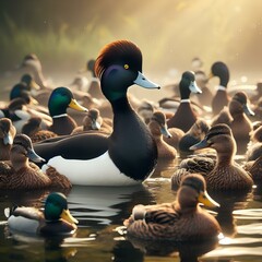  A group of tufted ducks and mallard duck in the wild - obrazy, fototapety, plakaty
