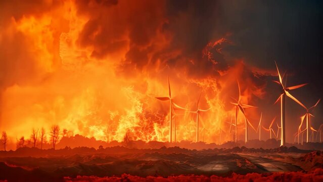Wind turbines burning in the desert. 3D render. Global warming concept, View of a wind farm with turbines on fire, concept of Energy Crisis and Pollution, AI Generated