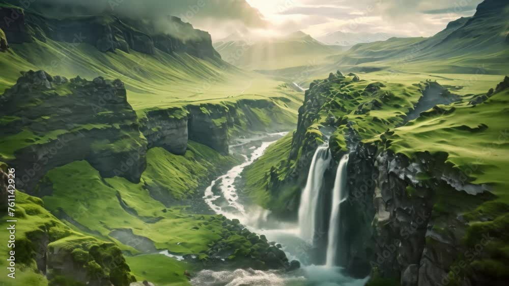 Canvas Prints Kullfoss waterfall in Iceland, Europe. Long exposure shot, Wanderlust explorer discovering icelandic natural wonders, AI Generated