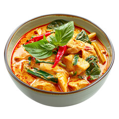  front view of Gaeng Ped Gai (spicy red curry chicken) with bamboo shoots and Thai basil, served in a traditional Thai curry bowl, food photography style isolated on a white background.
