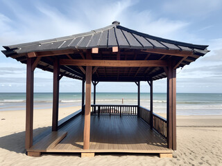A wooden shelter on high stilts that stands on the beach. - Powered by Adobe
