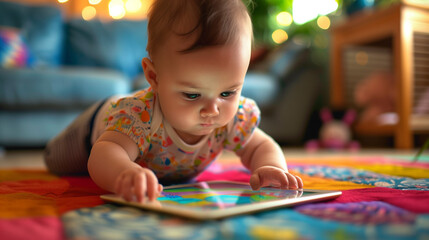 Toddler Focused on Interactive Educational Tablet Game