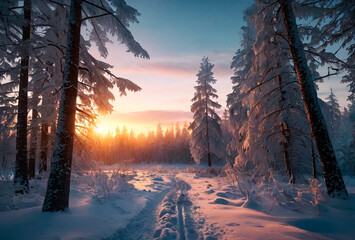 Mystical Scandinavian winter forest at sunset in Karelia. Large view image landscape with trees, blue sky with clouds, amazing view. Background of seasonal Finland winter. Copy space - obrazy, fototapety, plakaty