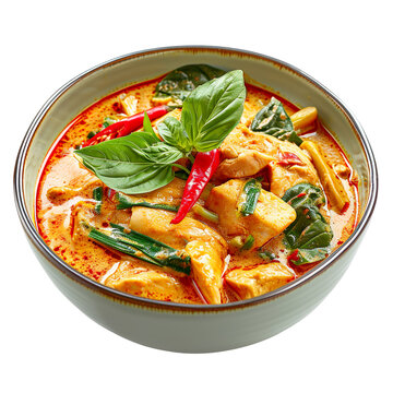  front view of Gaeng Ped Gai (spicy red curry chicken) with bamboo shoots and Thai basil, served in a traditional Thai curry bowl, food photography style isolated on a white background.