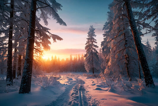 Mystical Scandinavian winter forest at sunset in Karelia. Large view image landscape with trees, blue sky with clouds, amazing view. Background of seasonal Finland winter. Copy space