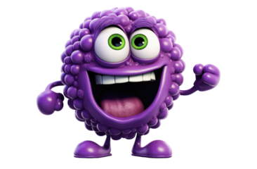 A purple cartoon character with a big smile on its face