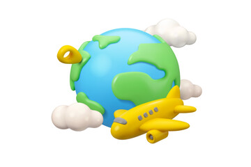 Around the world travel vector 3d icon. Cute cartoon airplane trip concept, flight tour web banner design. Global tourism idea
