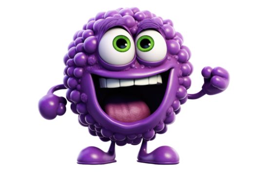 A purple cartoon character with a big smile on its face