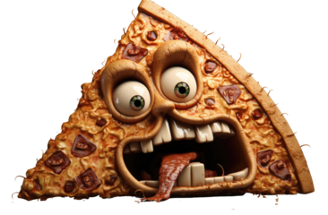 A slice of pizza with a mouth open and tongue hanging out