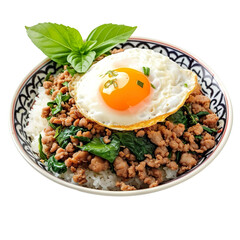  front view of Pad Kra Pao Moo Kai Dao (stir-fried minced pork with basil and fried egg) served on a traditional Thai plate, food photography style isolated on a white background - obrazy, fototapety, plakaty