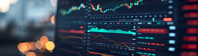 Close-up view of a stock market monitor showing dynamic financial charts and trading data in a business environment. - obrazy, fototapety, plakaty