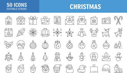 Set of 50 christmas outline icons. Holiday symbol. Line Xmas icons collection. Editable stroke