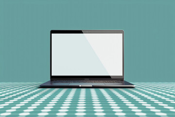 laptop with blank screen on a soft blue background