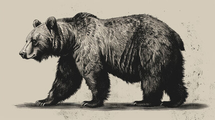 Detailed black and white vintage etching of a bear walking, evoking a classic, timeless feel.