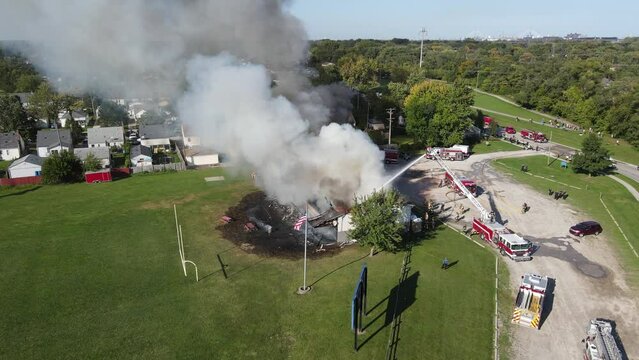Fire at an outdoor parks storage building, Lincoln Park, Michigan, USA