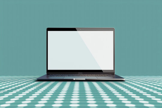 laptop with blank screen on a soft blue background