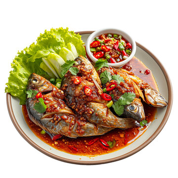  front view of Pla Rad Prik (crispy fish with chili sauce) with a spicy and tangy sauce, served on a Thai-style platter, food photography style isolated on a white background