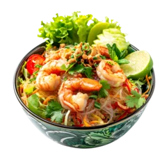 Deurstickers  front view of Yum Woon Sen (glass noodle salad) with shrimp, minced chicken, and a zesty lime dressing, served in a vibrant Thai salad bowl, food photography style isolated on a white background © CrazeePixelINC