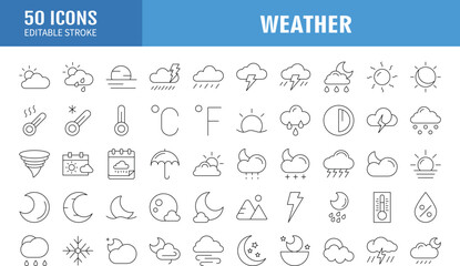 Weather icon set. Weather , clouds, sunny day, moon, snowflakes, wind, sun day. Editable Stroke. Vector illustration