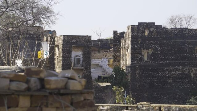 Pan shot of Old Historical buildings called havelis in a rural village of Gwalior Madhya Pradesh India