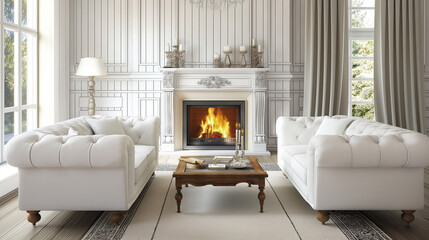 Two white sofas against fireplace and Country style. Generative AI