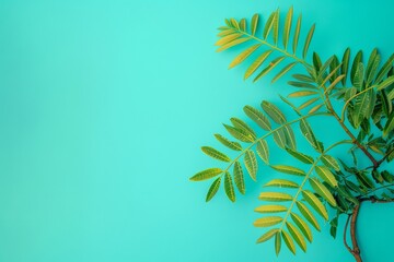 Fototapeta na wymiar Green Plant With Leaves on Blue Background