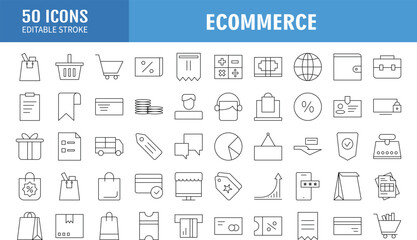 Shopping and E-commerce  Line Icons. Editable Stroke. Pixel Perfect. For Mobile and Web. Contains such icons as Shopping, E-commerce, Payment Method, Piggy Bank, Delivery.