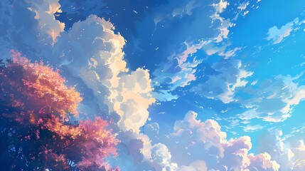 Un hermoso cielo de anime con nubes esponjosas en varios tonos de azul rosado y púrpura
 - obrazy, fototapety, plakaty
