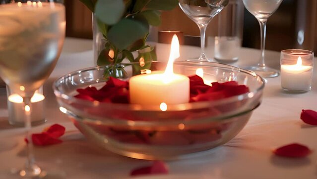 A bowl of rose petals delicately p around the base of a candle adds a touch of romance and ity to the Valentines Day table.