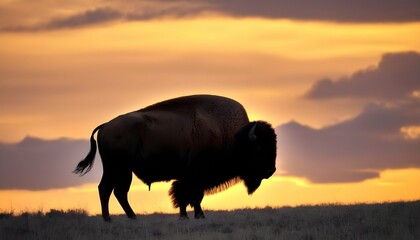 A Bison Silhouetted Against A Sunset Sky