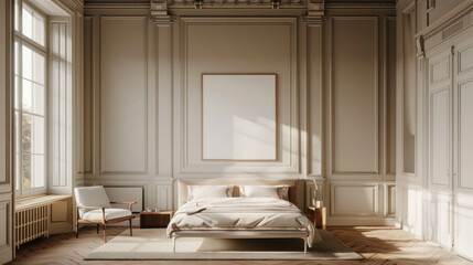 Fototapeta na wymiar Elegant bedroom with classic wall paneling and mockup poster frame above minimalist bed