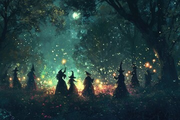 A group of witches wearing dark robes and holding brooms stand together in a dense forest, A secret witches' coven gathering in a moonlit forest, AI Generated - obrazy, fototapety, plakaty