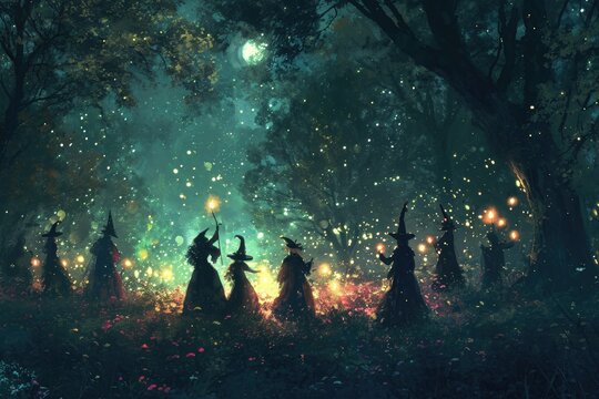 A group of witches wearing dark robes and holding brooms stand together in a dense forest, A secret witches' coven gathering in a moonlit forest, AI Generated