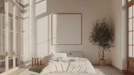 Elegant bedroom with classic wall paneling and mockup poster frame above minimalist bed
