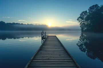 A dock built on stilts is seen sitting in the water as sailboats are nearby, A serene and peaceful waterfront setting for a meditation podcast, AI Generated - obrazy, fototapety, plakaty