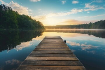 A wooden dock stretches over the calm waters of a picturesque lake, surrounded by vibrant green trees and foliage, A serene and peaceful waterfront setting for a meditation podcast, AI Generated