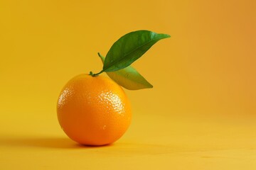 Orange With Green Leaf on Yellow Background