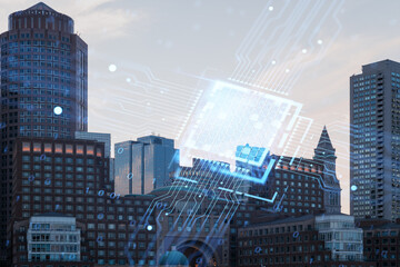 Cityscape with a hologram of digital circuits overlay, futuristic technology concept. Double exposure