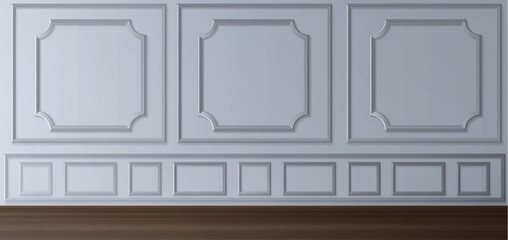 Wall with white classic decoration panel and wood floor. House or museum room interior with victorian style moulding frames. Realistic vector illustration of traditional elegant molding plaster decor.