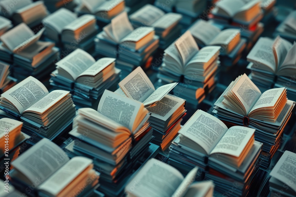 Poster a substantial collection of books neatly arranged on a table, creating a stack with varying sizes an