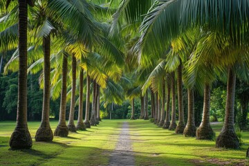 A scenic pathway in a park, bordered by palm trees, creates a serene atmosphere, A serene view of an alley of palm trees in a tropical park, AI Generated