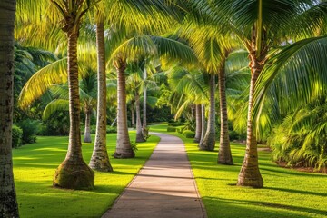 Lush palm trees gracefully line a pathway, creating a picturesque scene in a vibrant tropical park, A serene view of an alley of palm trees in a tropical park, AI Generated